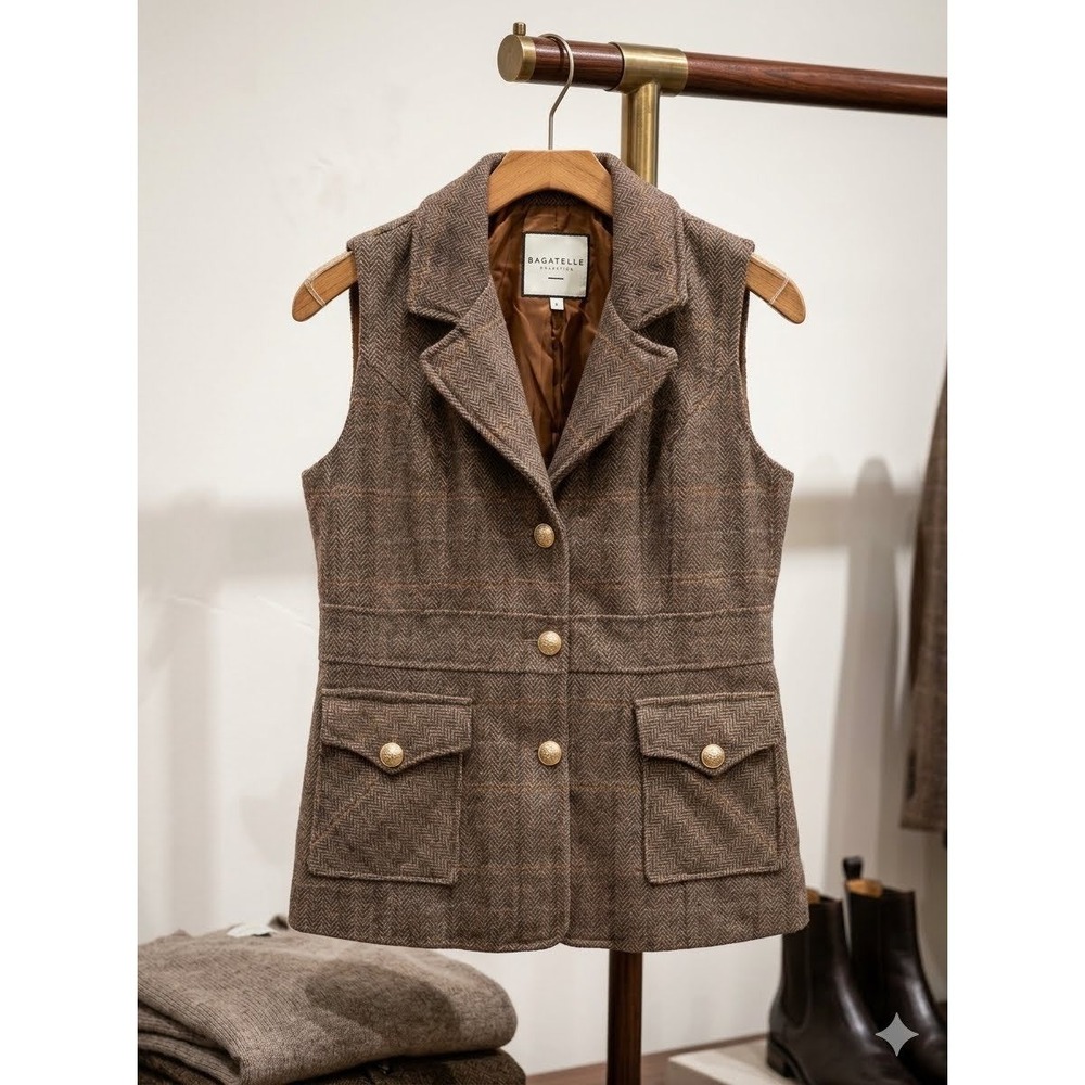 Bagatelle NWOT Vest Brown Plaid w gold buttons Wool Blend Herringbone Classic L